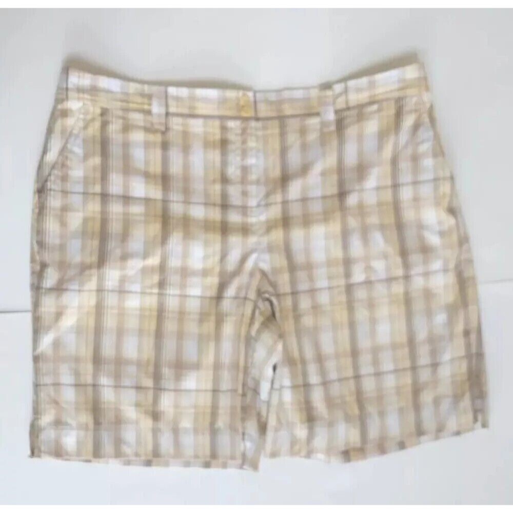 Ladies Izod Golf Cool FX Tan Yellow & White Plaid Shorts 9" Inseam Size 16